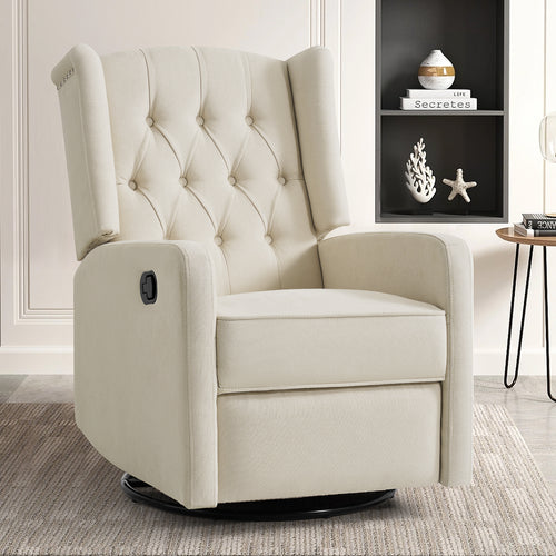 Swivel Rocking Nursery Recliner Chair, Manual Reclining Glider Chair with Button Tufted Backrest, Fabric